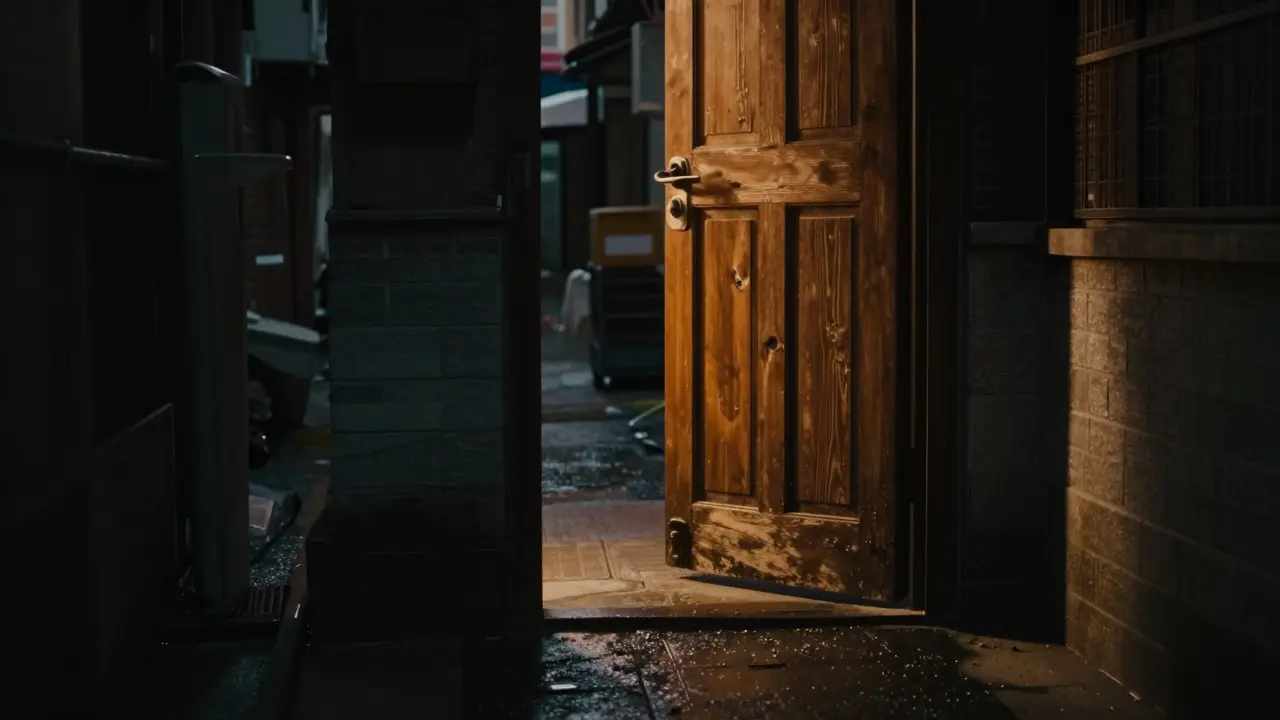 A glowing wooden door in a dark alley symbolizing the emotional depth of Korean films