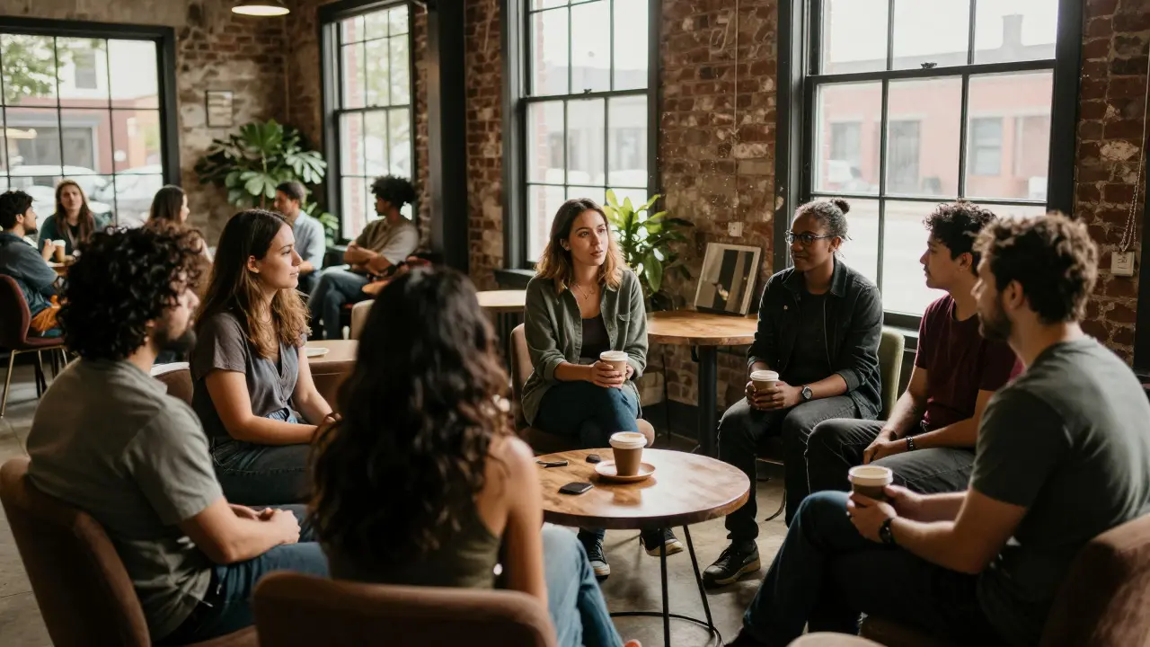 A group of local filmmakers and a producer discussing projects in a community hub