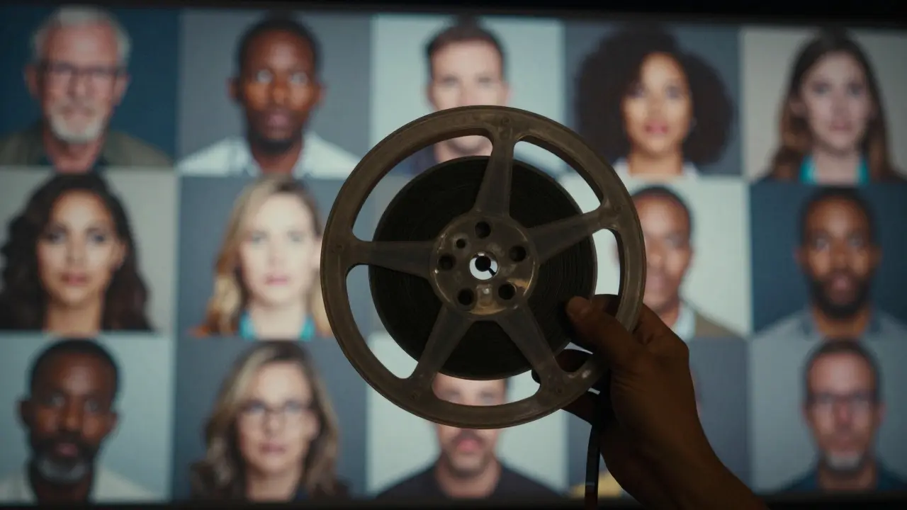 A hand holding a film reel with diverse faces illuminated by cinema light in the background