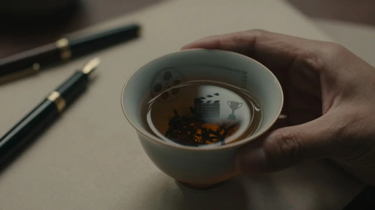 A hand holding a teacup with film-related reflections in the liquid