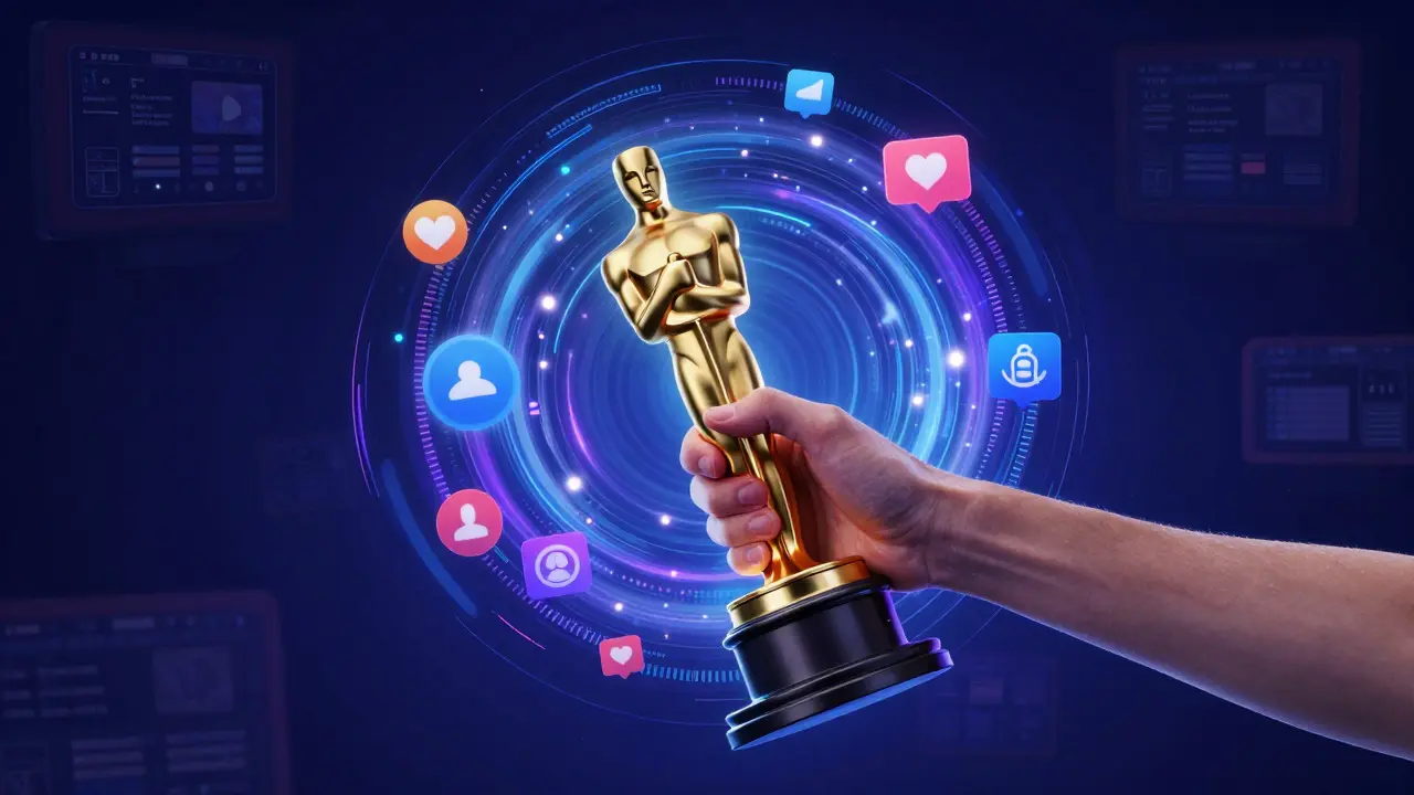 A hand reaching for a golden statue emerging from a swirl of digital social media icons