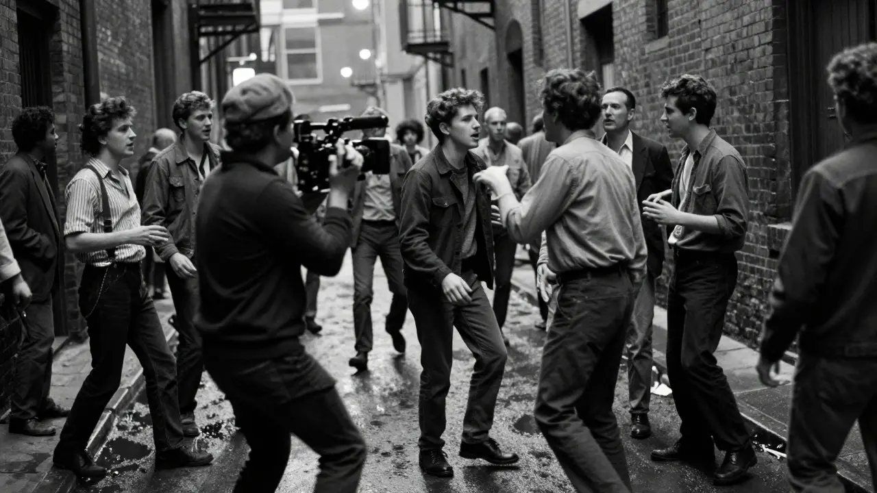 A handheld camera operator filming actors in a gritty urban alleyway