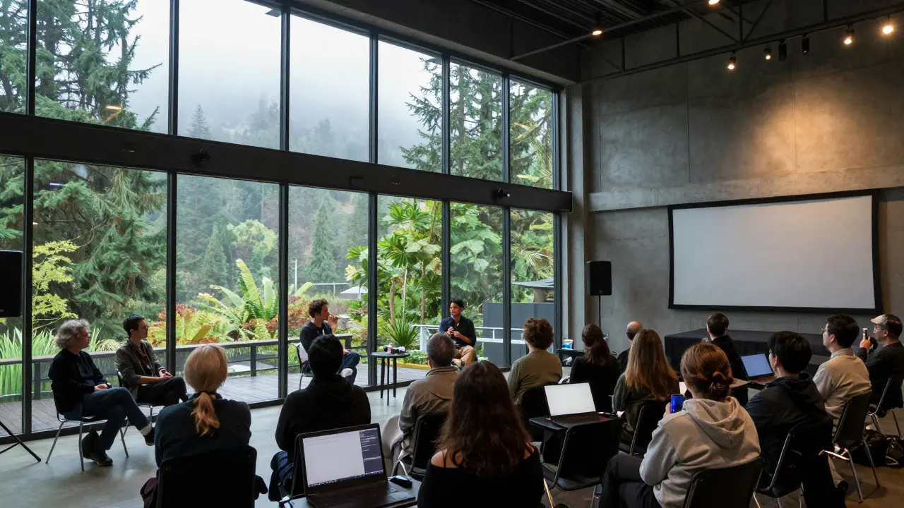 A hybrid film festival Q&amp;A session in a modern venue with large windows overlooking a misty forest landscape.
