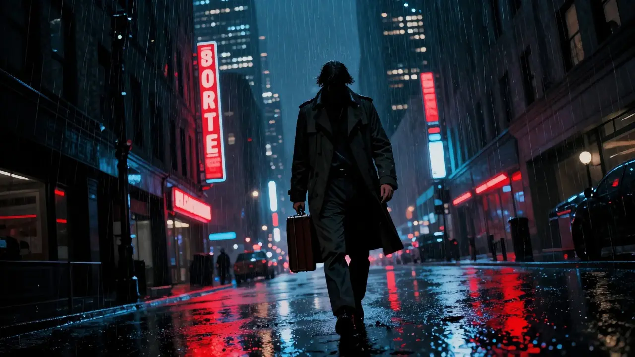 A lone figure in a trench coat walks through a rainy, neon-lit city street at night