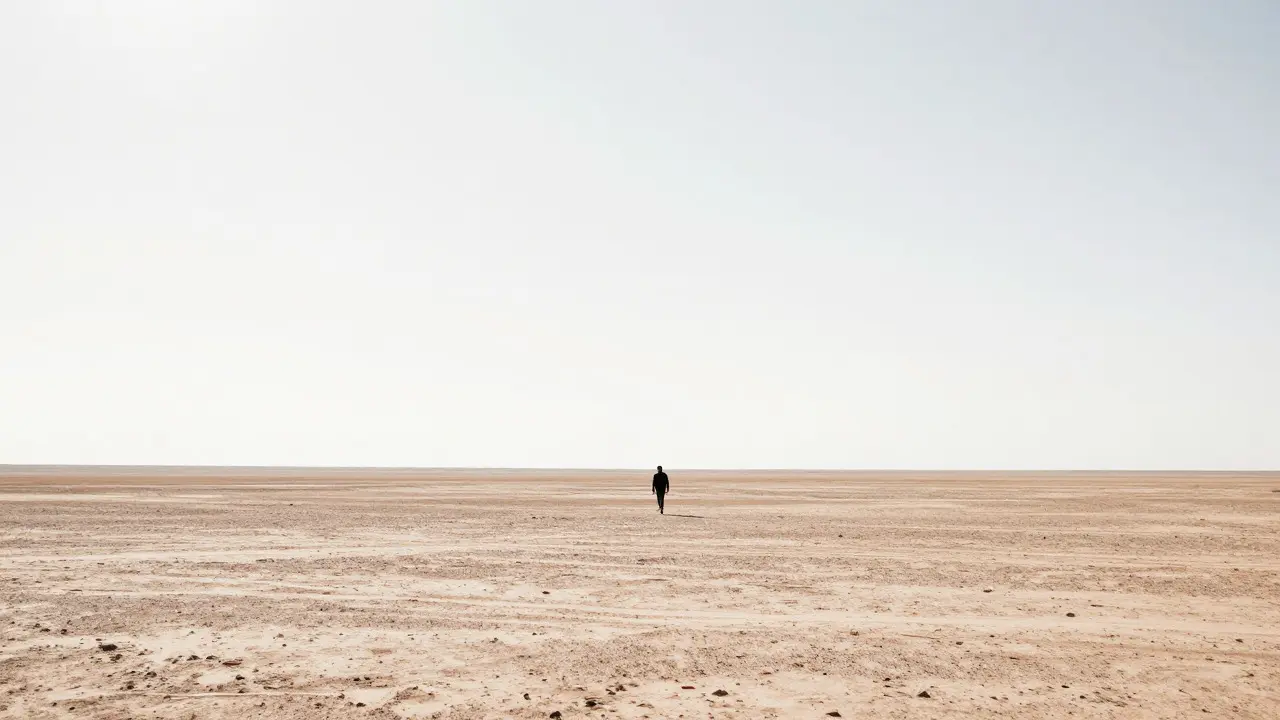 A lone person walks through a vast, empty desert landscape under a bright, bleached white sky.