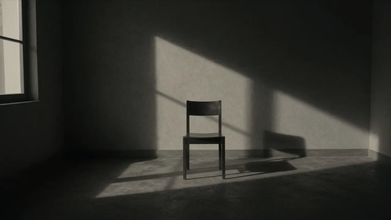 A minimalist room with dramatic window lighting casting deep shadows, illustrating the use of light for mood in cinema.