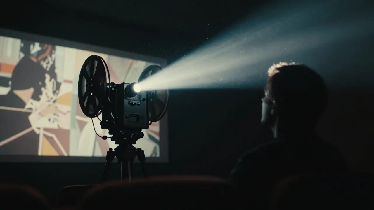 A movie projector beam illuminating dust in a dark theater