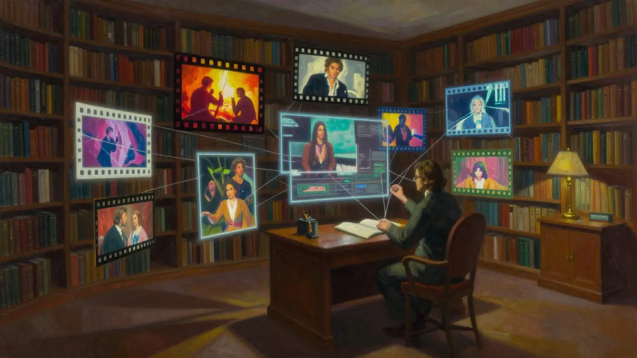A person weaving floating film frames together in a dimly lit library
