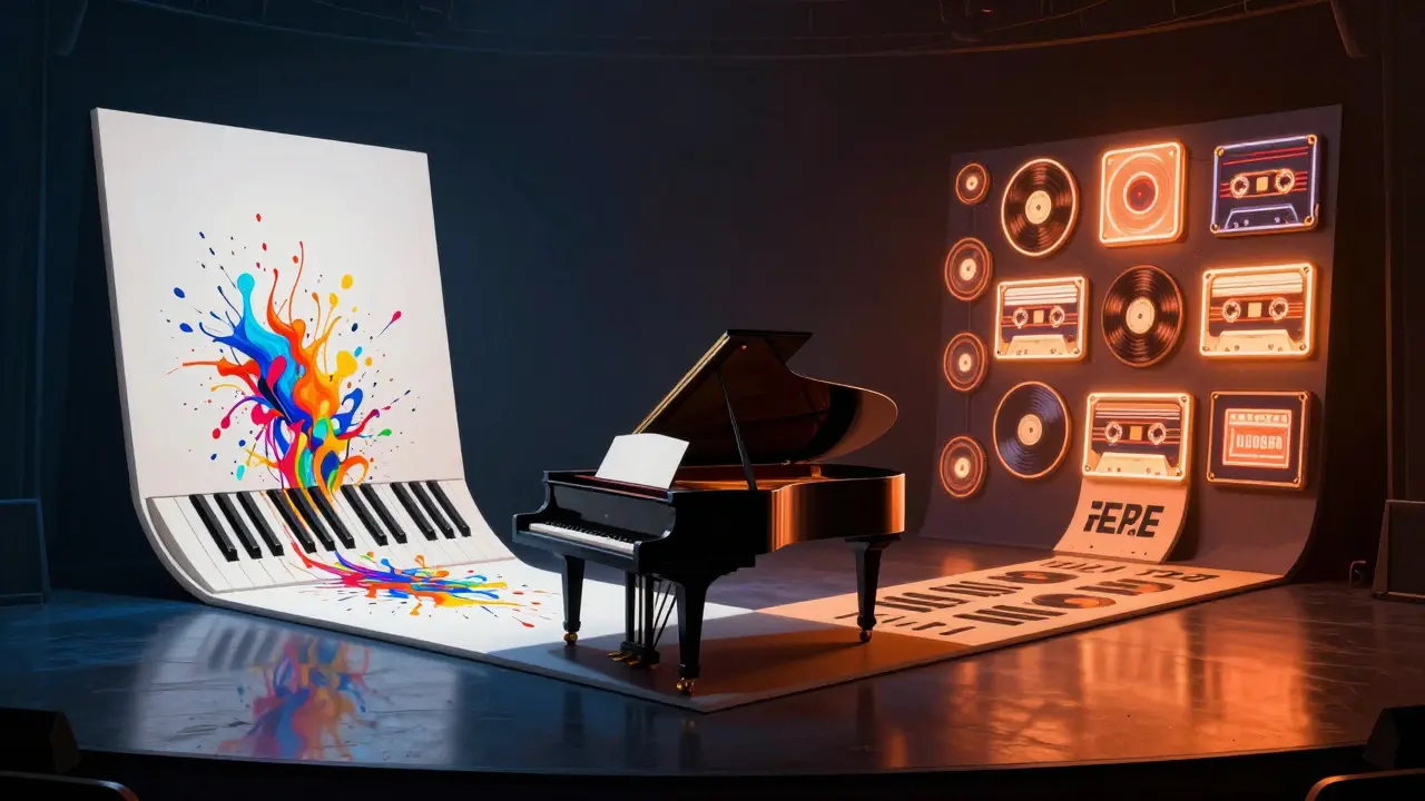 A piano on a stage with paths leading to a blank canvas and a wall of glowing records