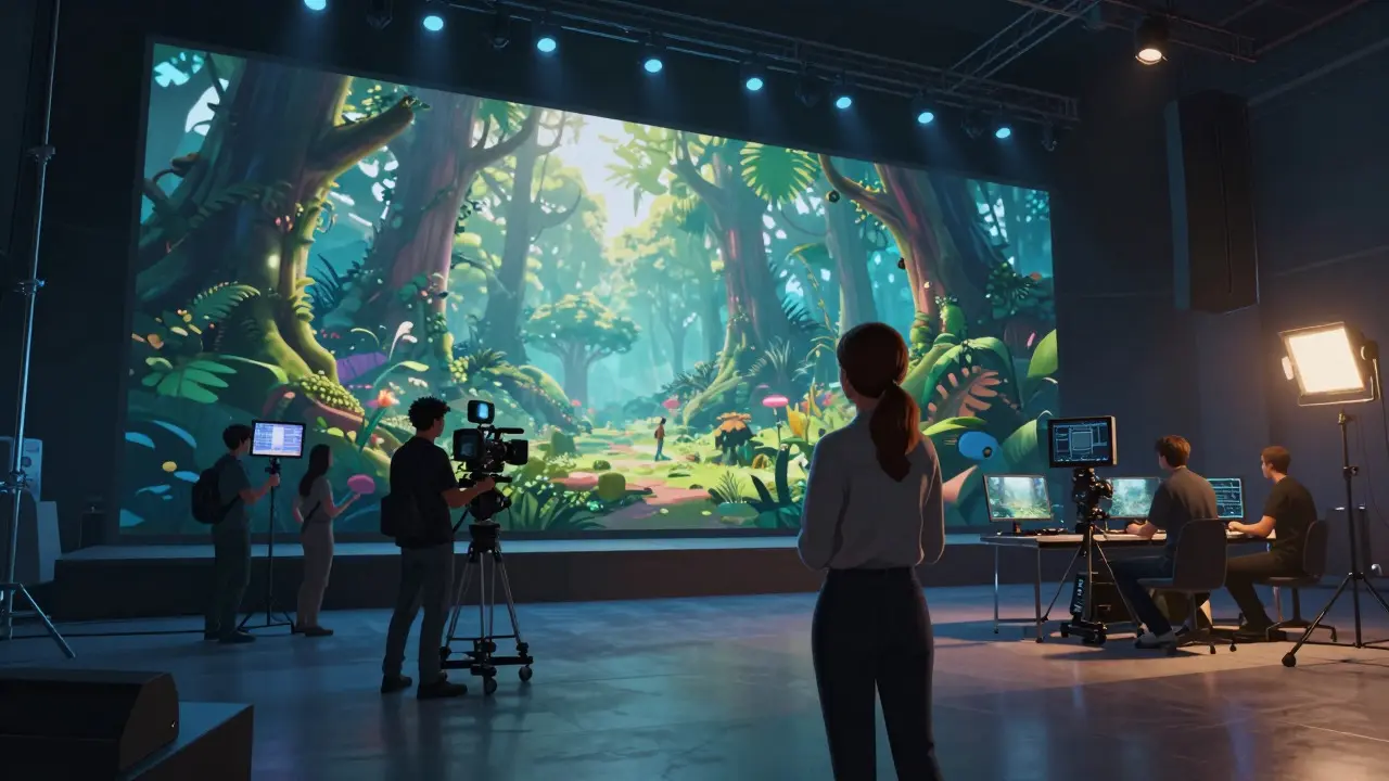 A producer overseeing a virtual production stage with an LED screen displaying a forest