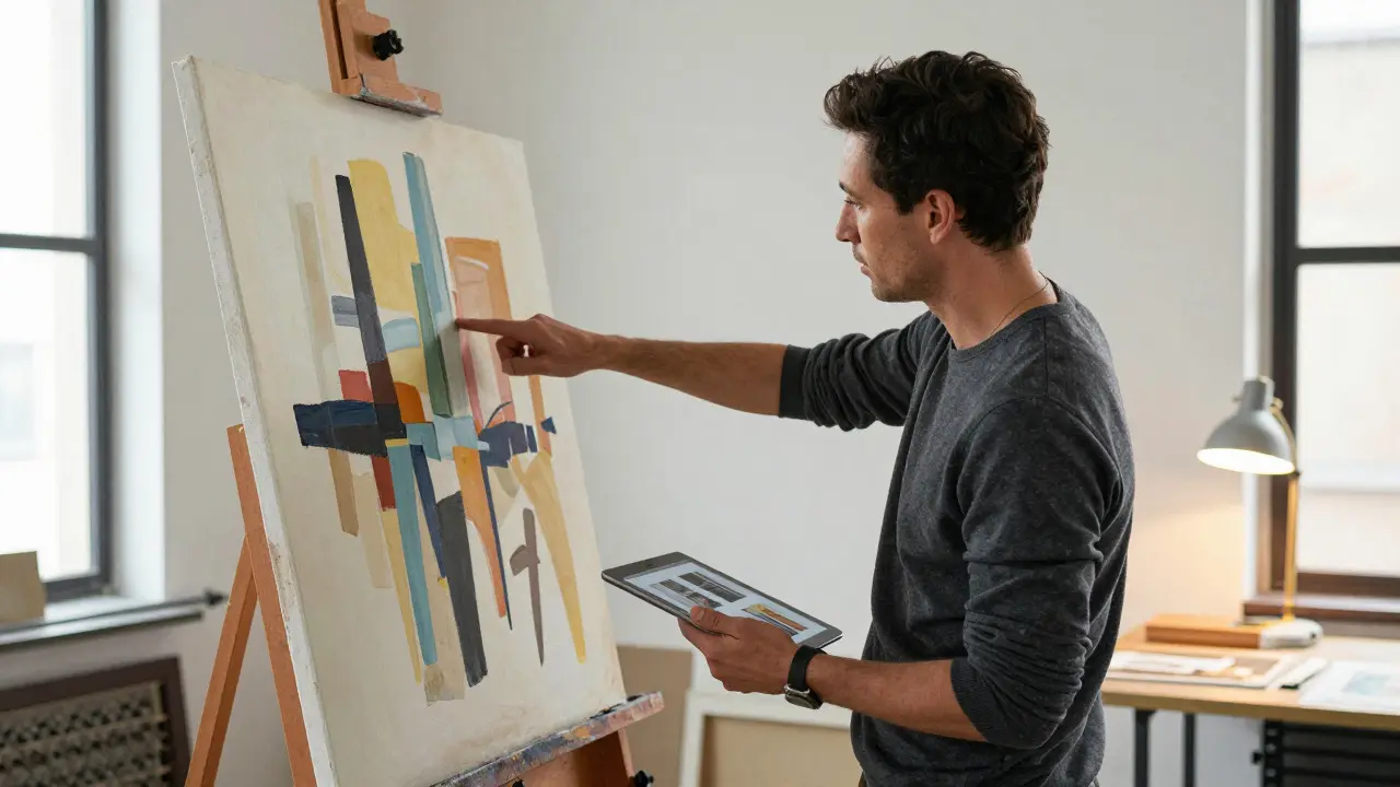 A production designer discussing set details with an artist in a studio