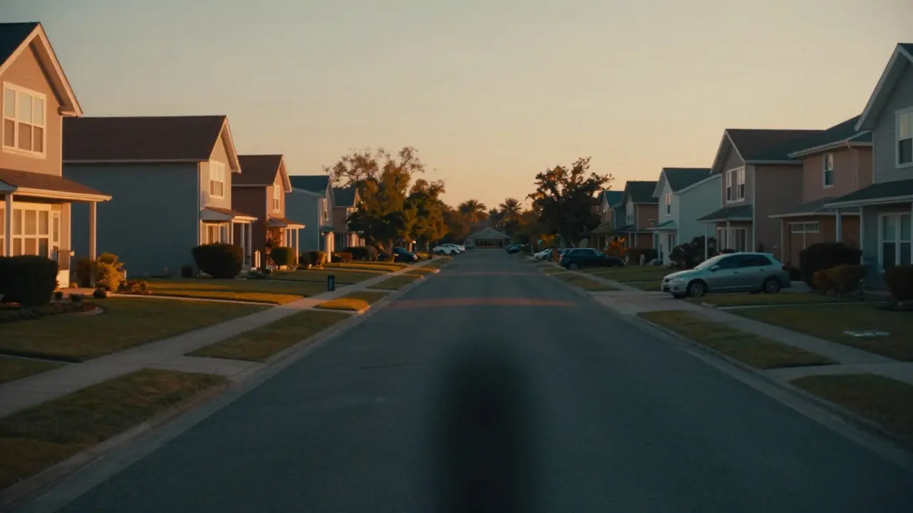 A quiet suburban street with identical houses bathed in golden hour light, featuring a looming shadow.