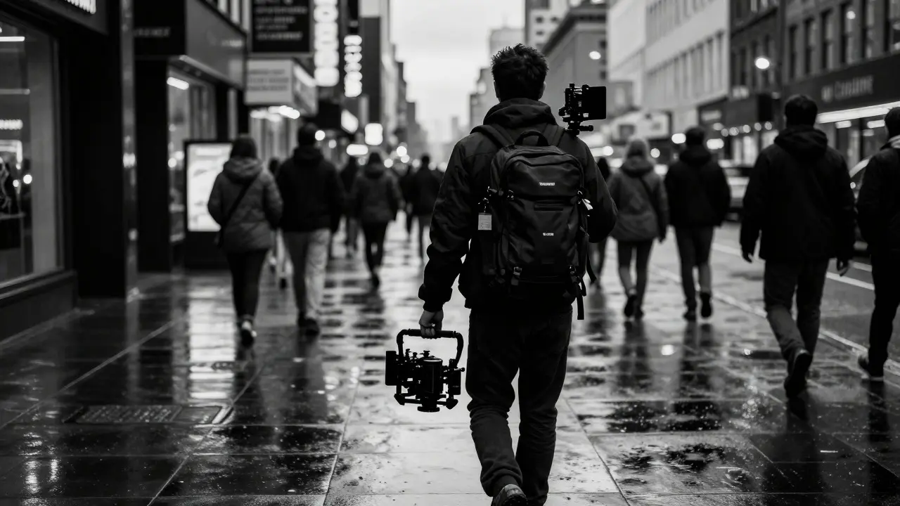 A silhouette of a solo filmmaker walking down a rainy city street at night with recording gear