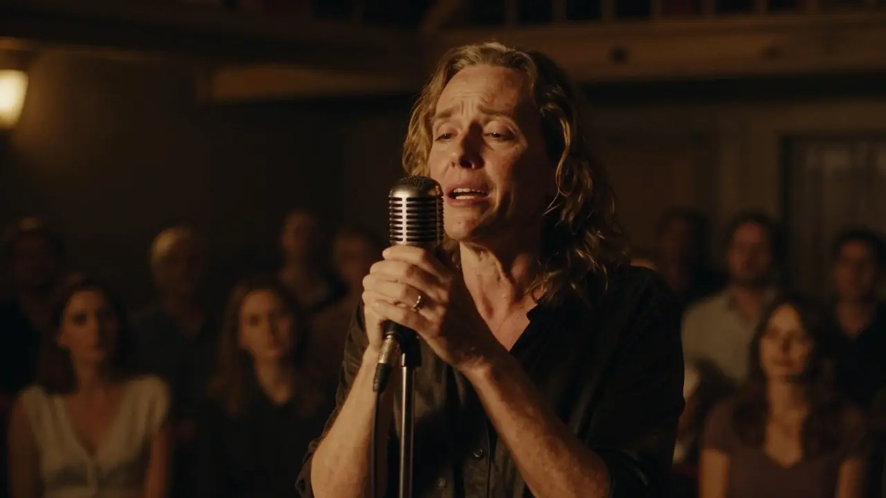 A singer performing emotionally on a dimly lit stage during a final tour