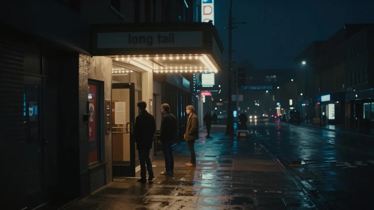 A small independent cinema glowing warmly on a dark city street at night