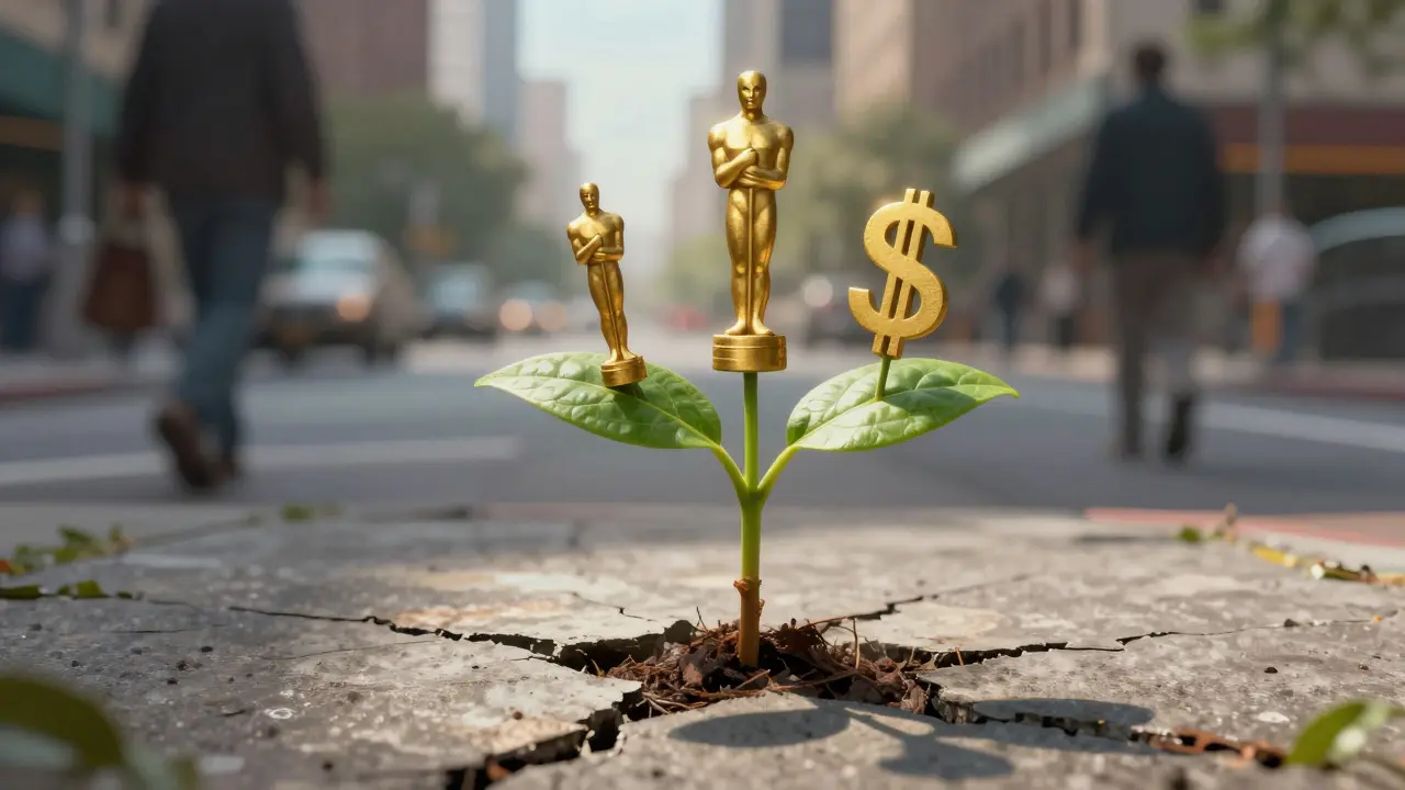 A small plant growing through concrete with leaves turning into gold awards