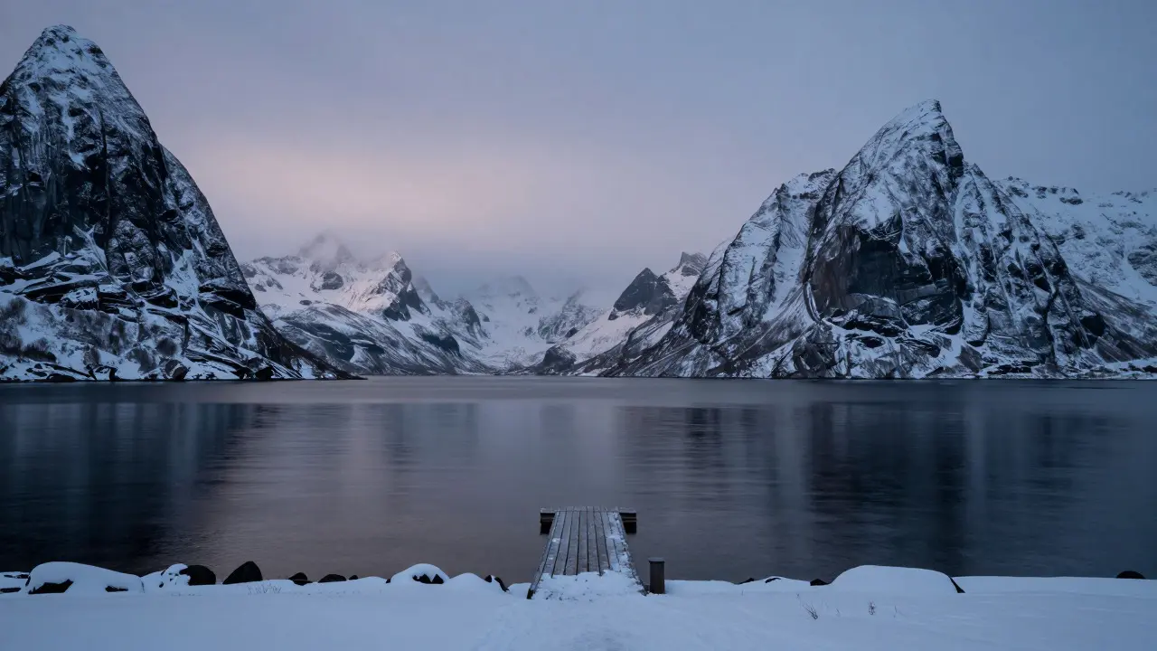 A snowy fjord landscape with mountains under a twilight sky, reflecting a cold atmosphere