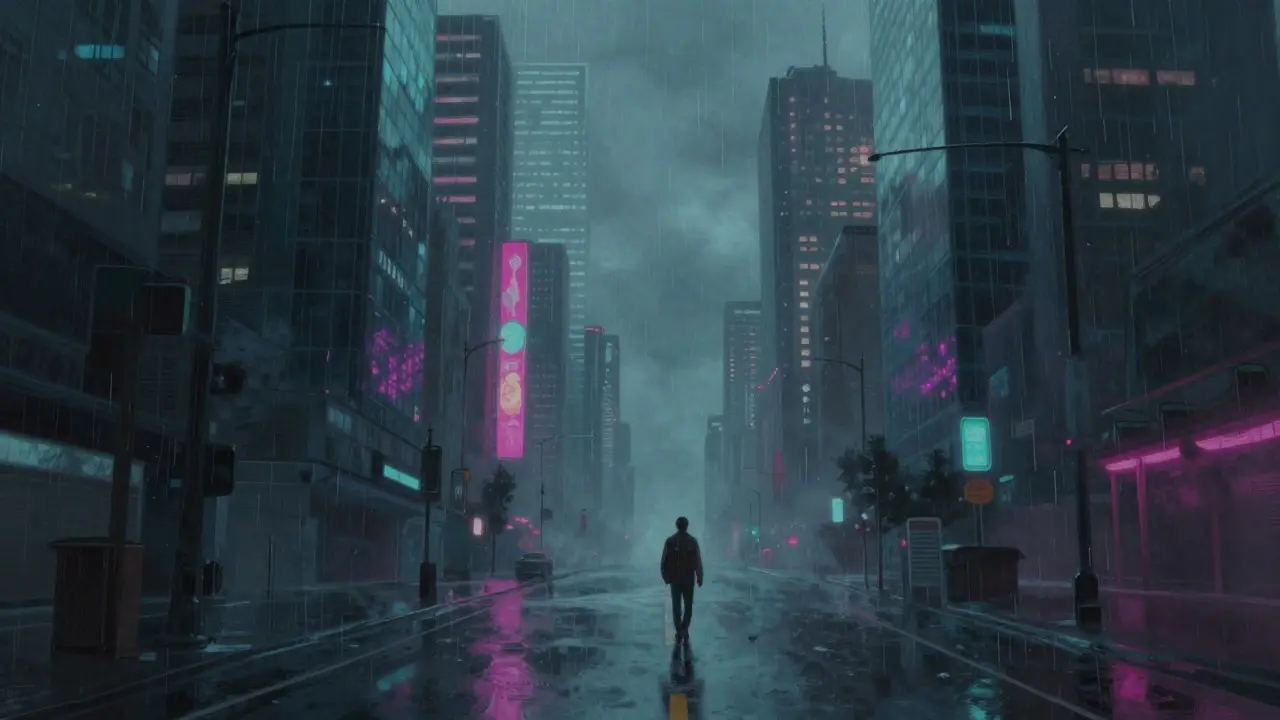 A solitary figure walking through a surreal, rain-soaked city street