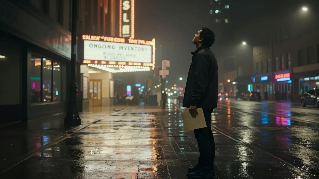 A solitary filmmaker on a rainy city street at night, reflecting on the film's future after the sales window