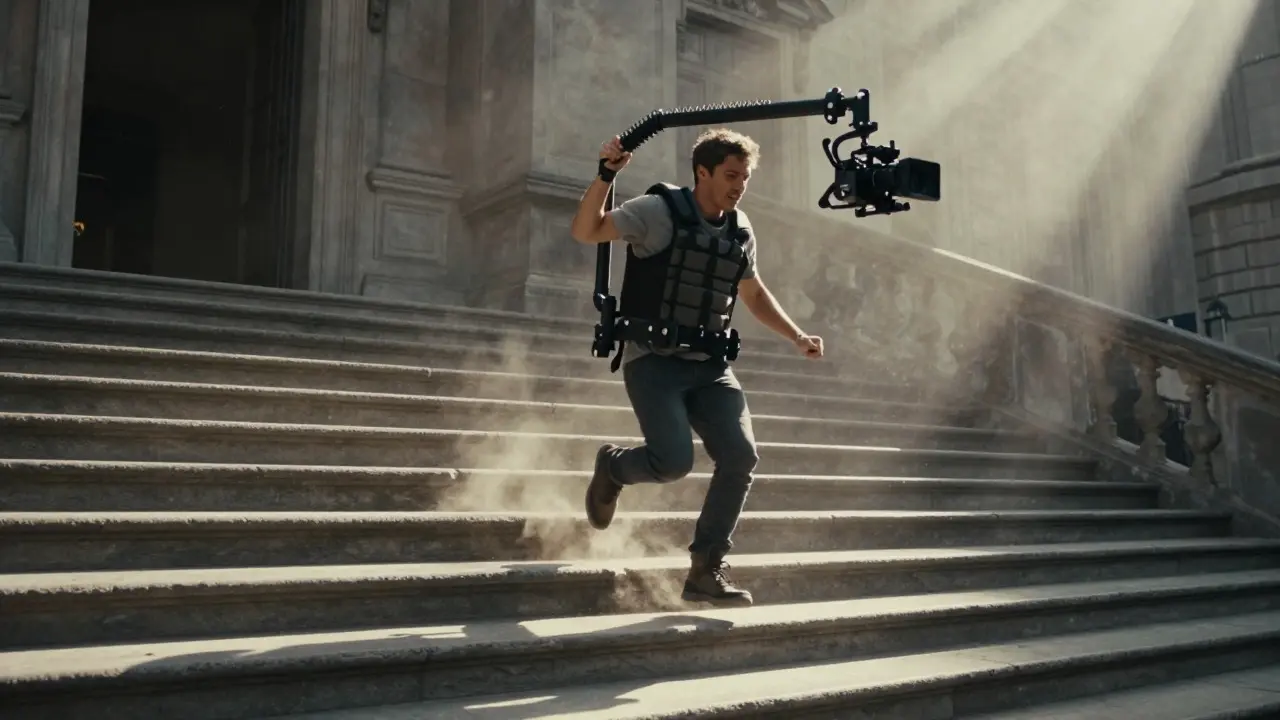 A Steadicam operator running down stone stairs while keeping the camera steady