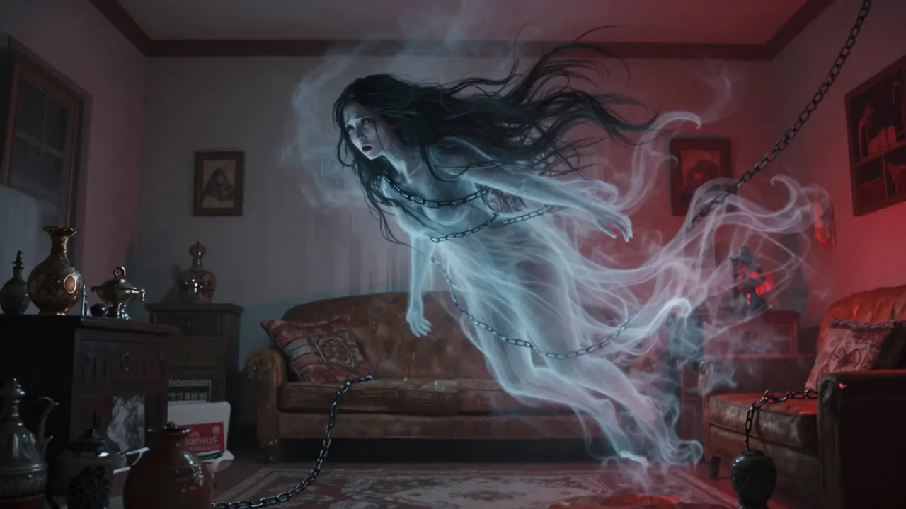 A surreal illustration of a translucent Kuntilanak ghost hovering over a Javanese home, symbolizing social oppression.