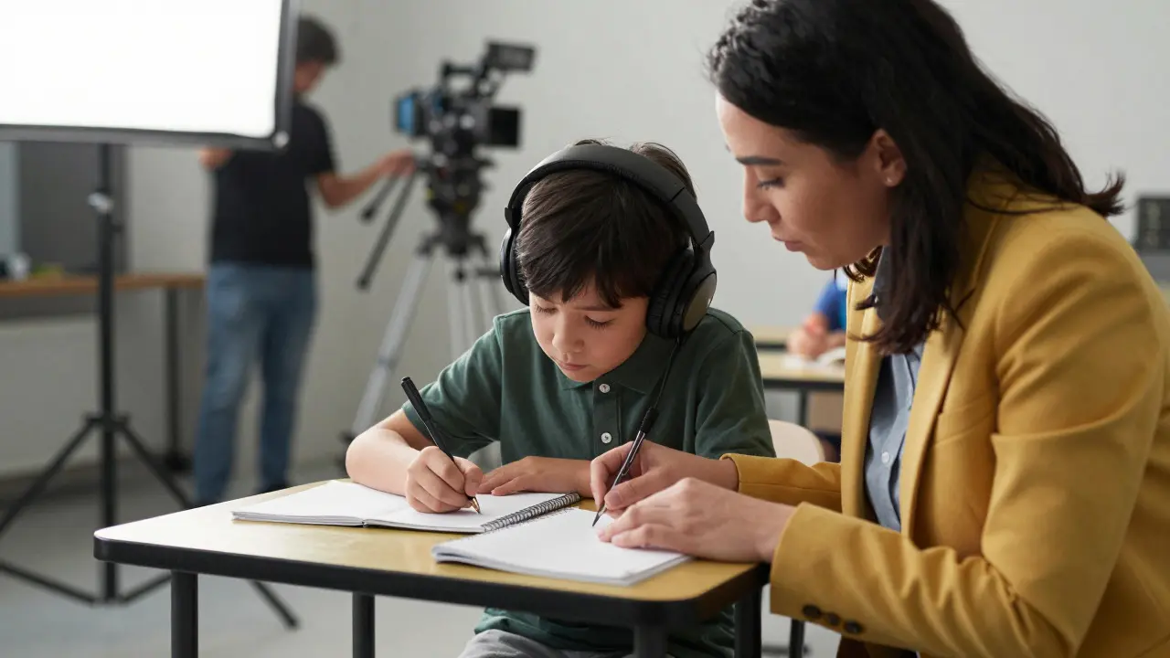 A teacher instructing a child actor during a break on a movie set
