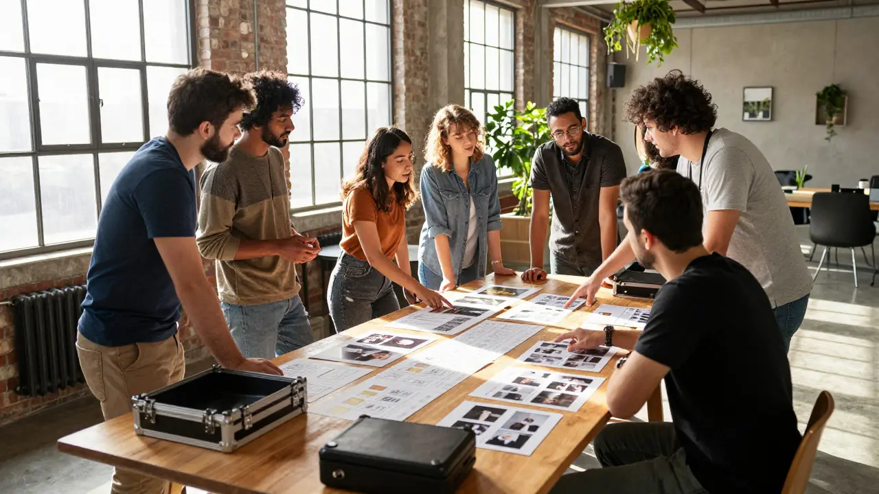 A team of filmmakers collaborating around a table with storyboards in a bright, industrial loft.