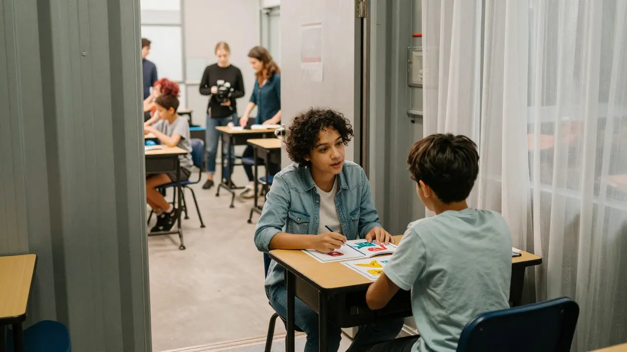 A tutor teaching a child actor in a portable classroom on a movie set