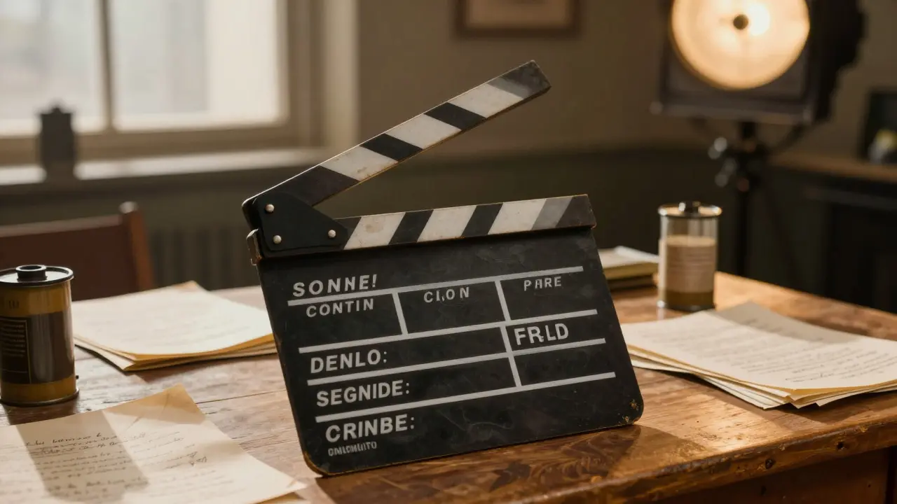 A vintage clapperboard and scripts sit on a table in warm, nostalgic lighting