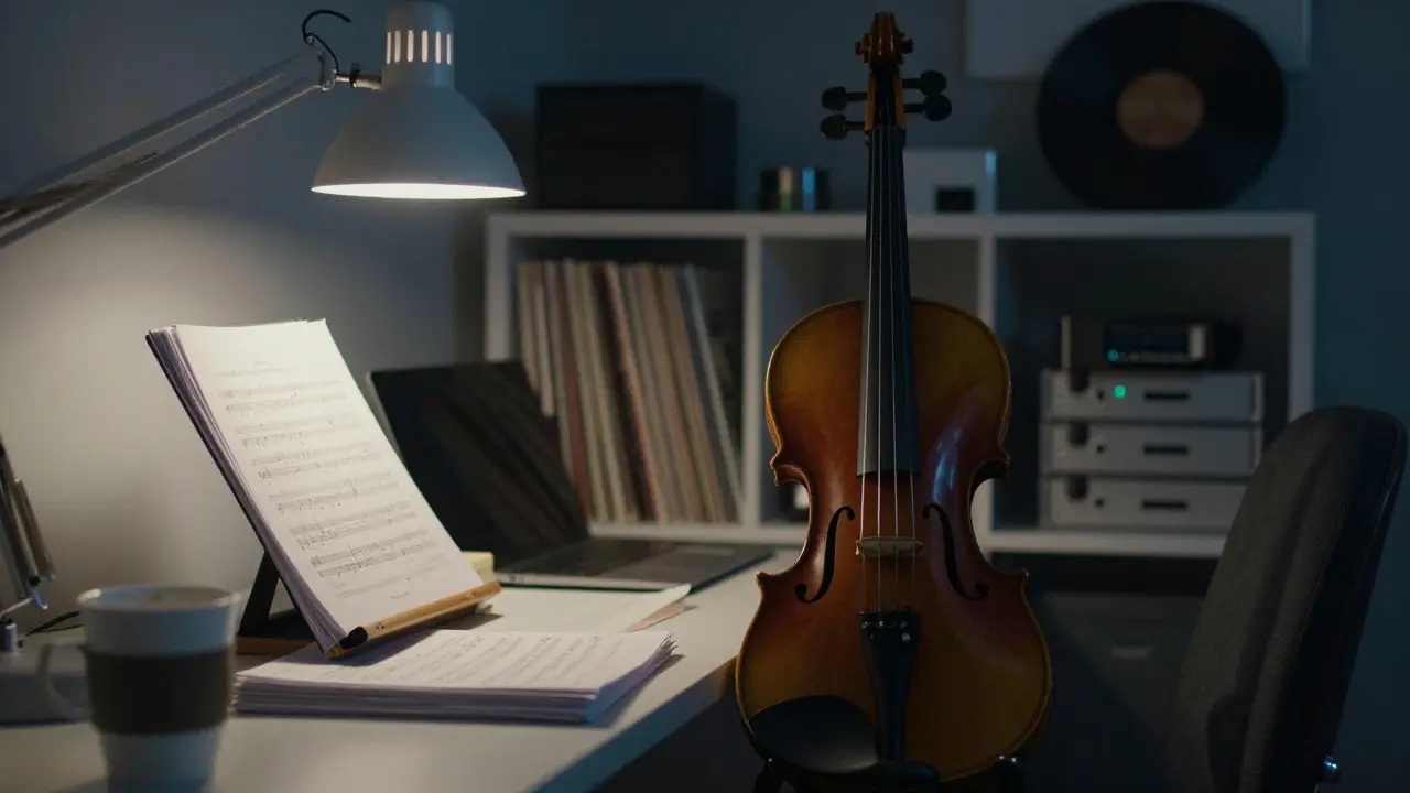 A violin and sheet music on a desk in a dimly lit room, representing late-night film scoring
