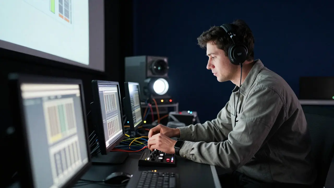 A volunteer technical assistant adjusting audio equipment in a dimly lit projection booth.