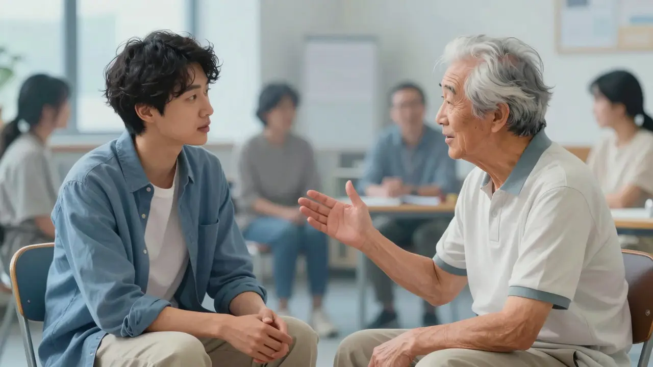 A young adult listening empathetically to an older person in a community space