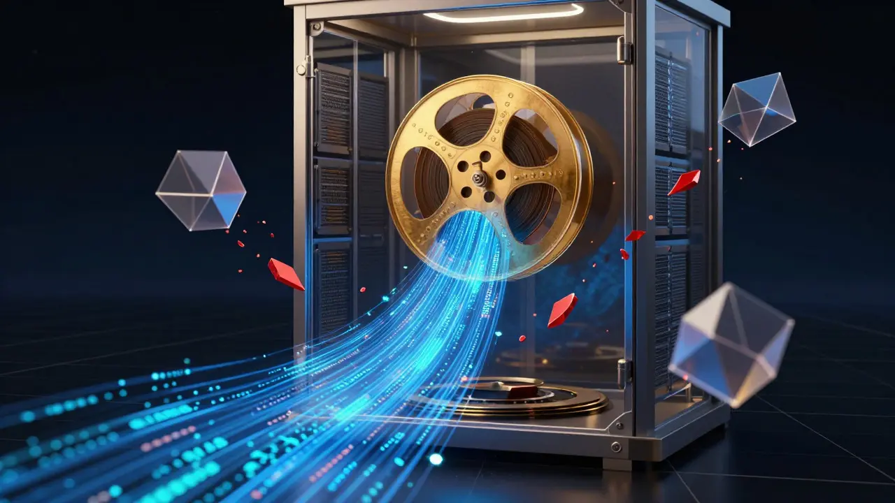 Abstract 3D art showing film reels turning into digital data flowing into a secure server vault.