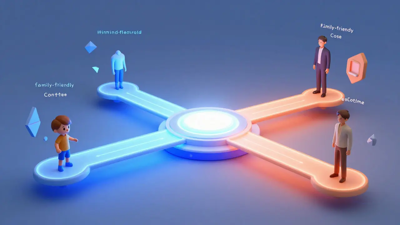 Abstract 3D visualization of algorithmic data streams connecting child and adult profiles