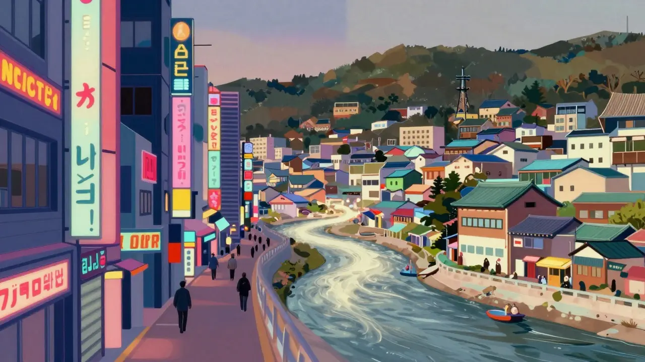 Abstract art blending Tokyo animation styles with Busan realism