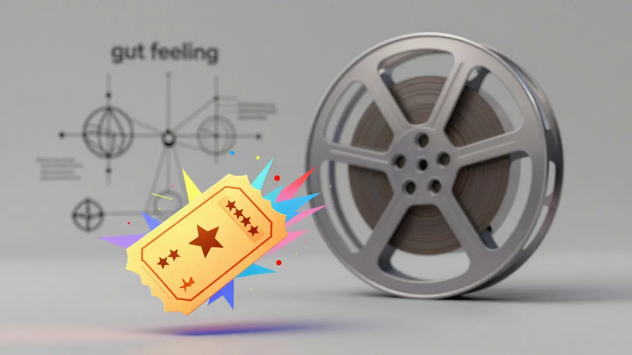 Abstract art contrasting a vibrant movie ticket with complex geometric film analysis structures.