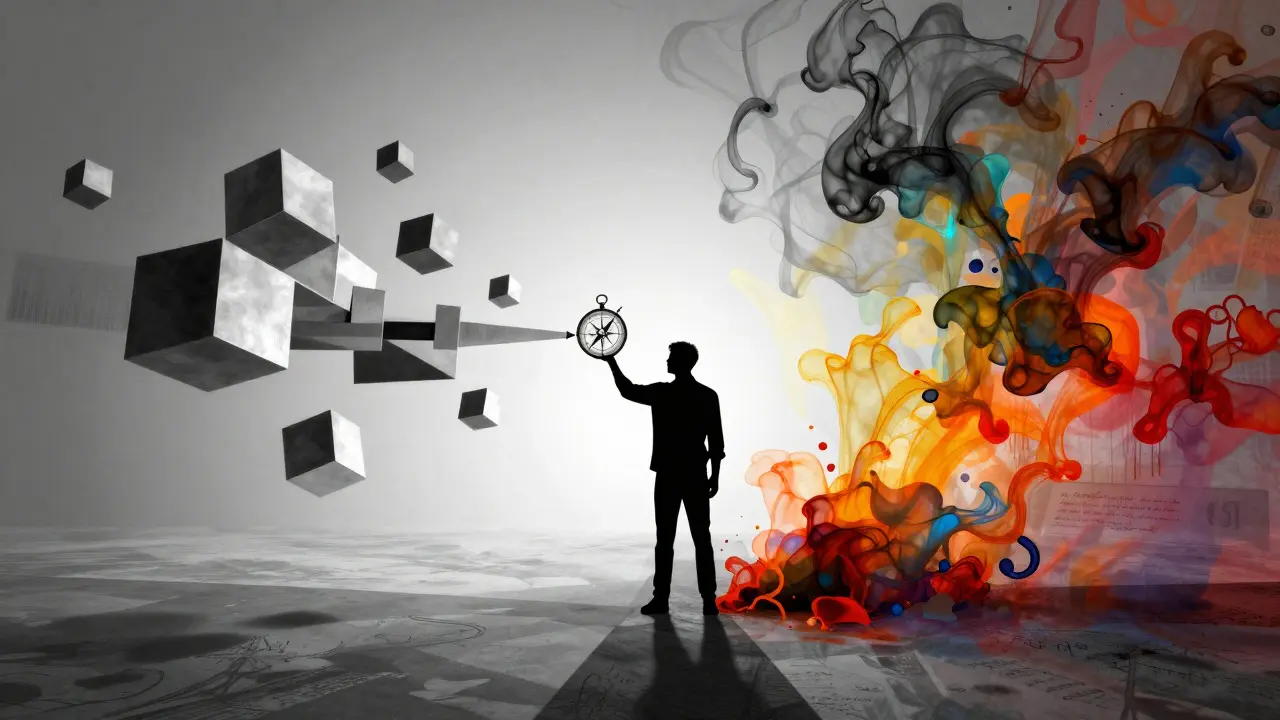 Abstract art contrasting cold data metrics with emotional film feedback