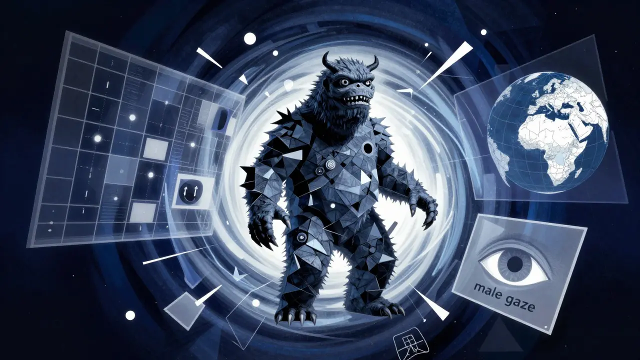 Abstract art depicting film theory lenses surrounding a classic sci-fi monster figure.