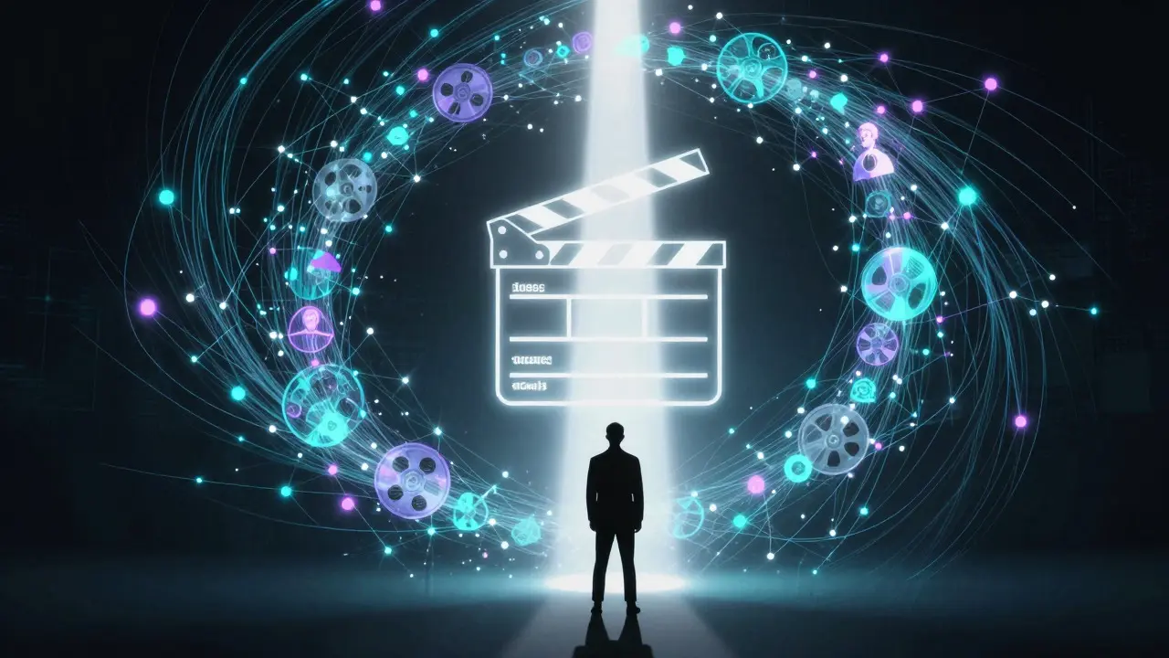 Abstract art of data streams forming a movie clapperboard