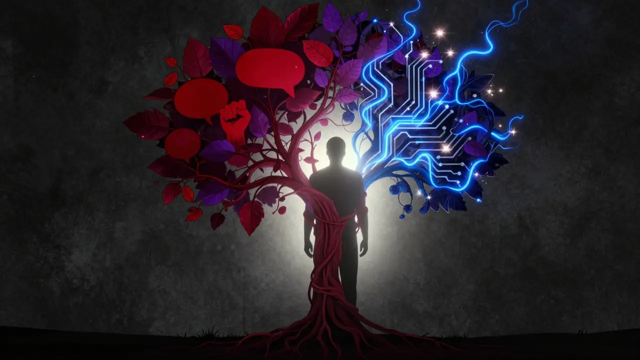 Abstract art showing a figure wrapped in red political vines and blue sci-fi circuits