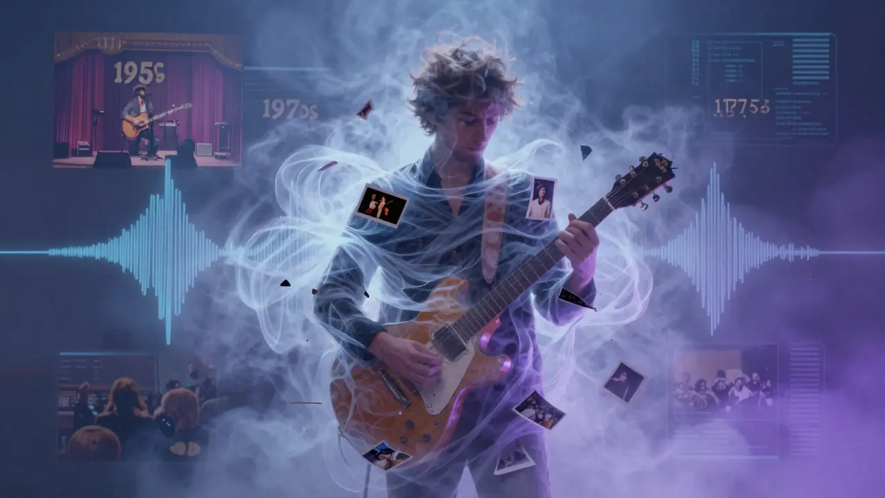 Abstract art showing a musician formed from dissolving memories and sound waves