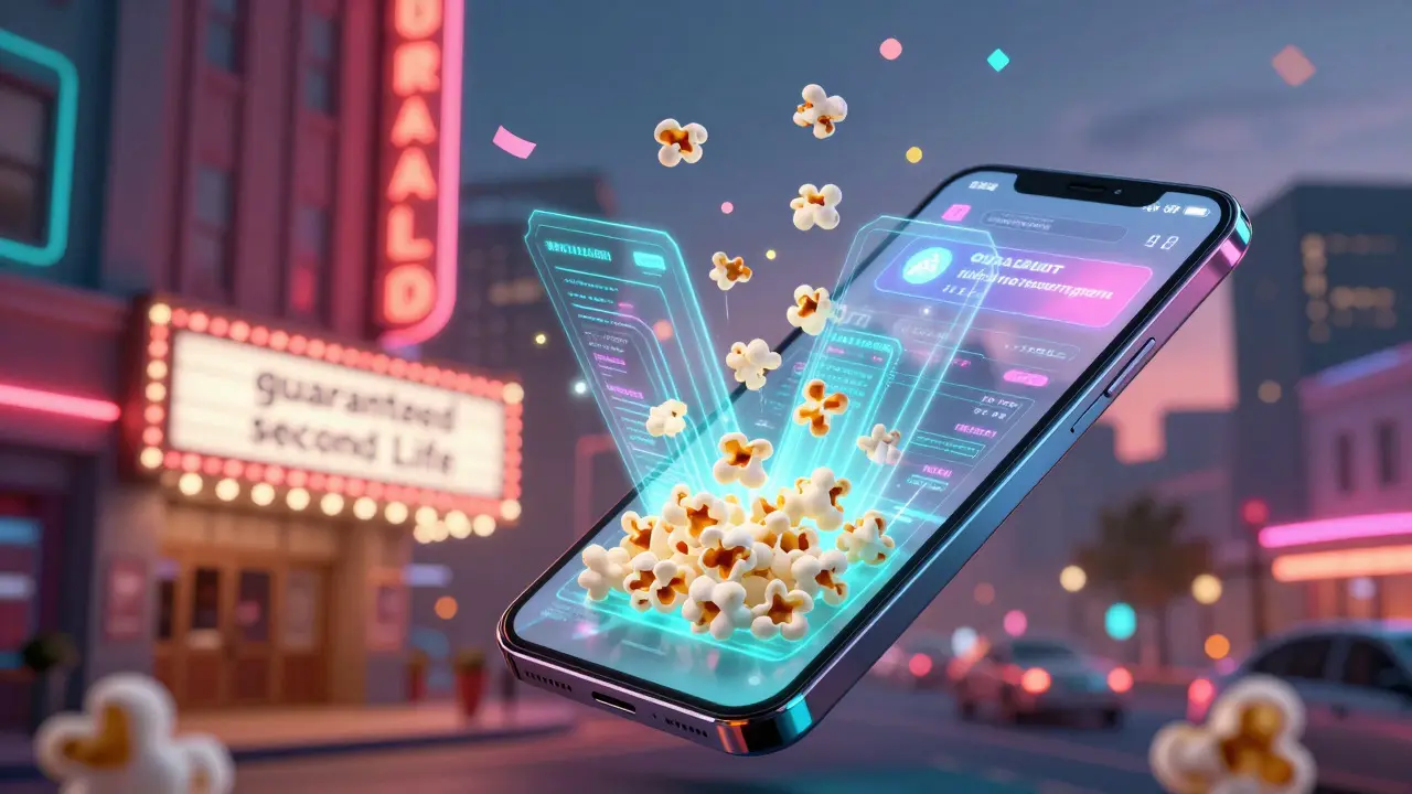 Abstract art showing a phone screen merging with a theater marquee and digital data