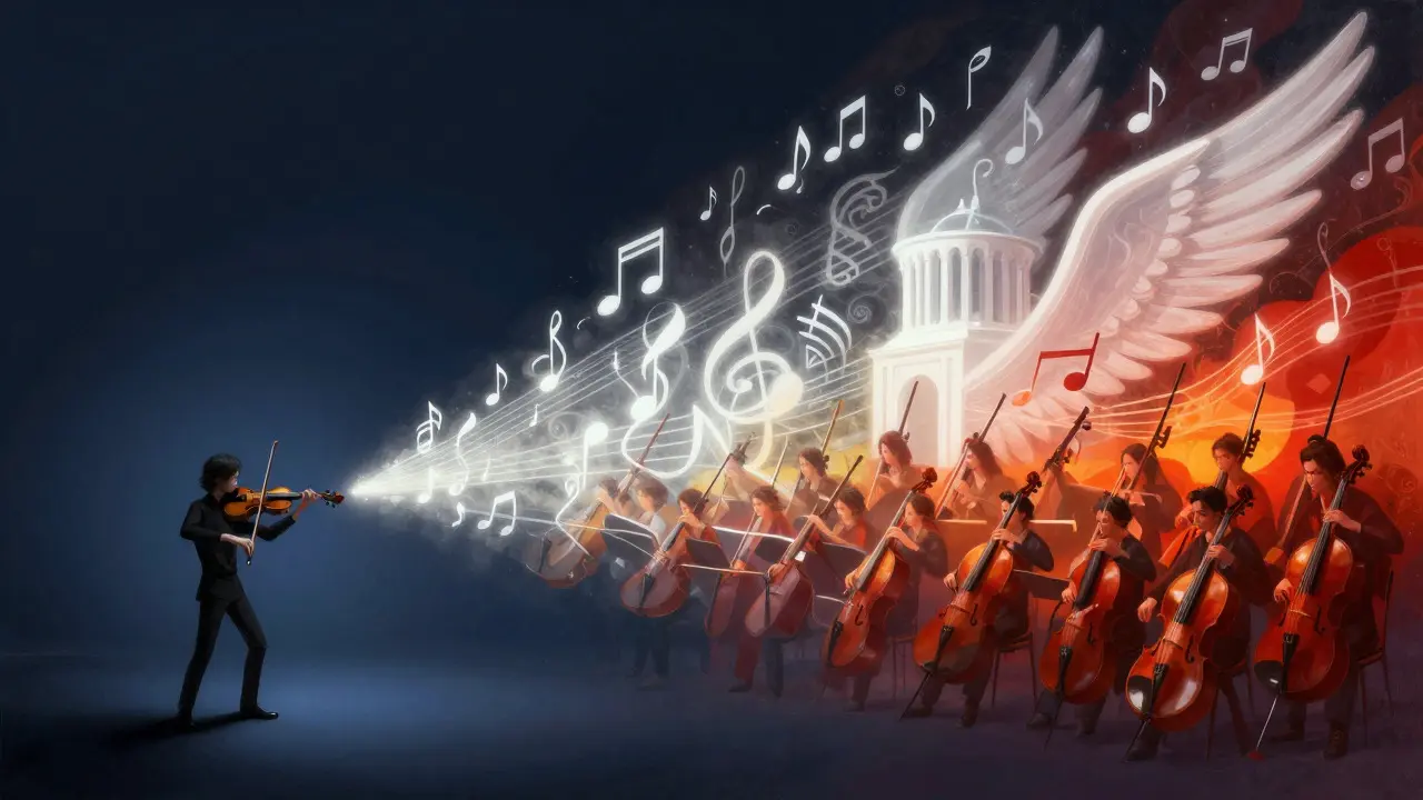 Abstract art showing a single violin expanding into a full orchestra with changing colors
