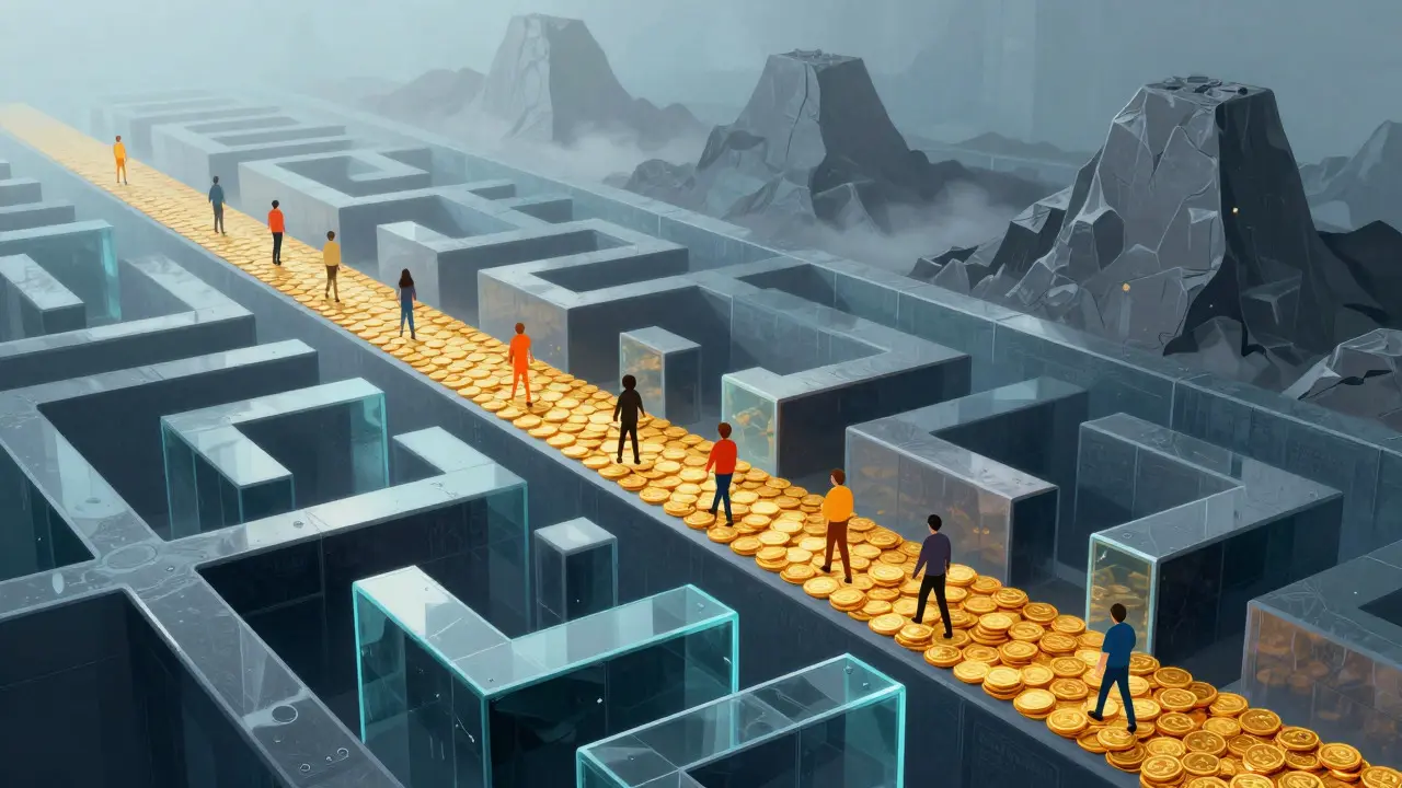 Abstract art showing diverse figures navigating a complex industry maze