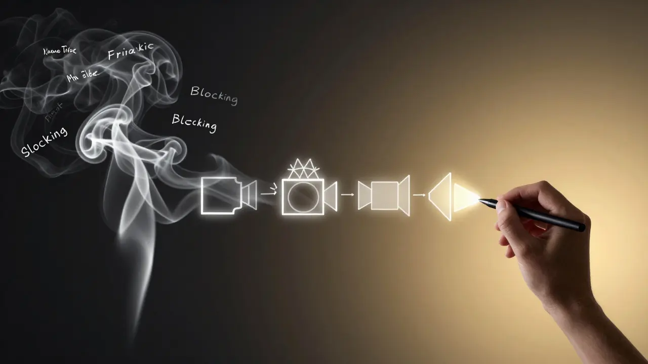 Abstract art showing smoke transforming into camera lens shapes and light beams