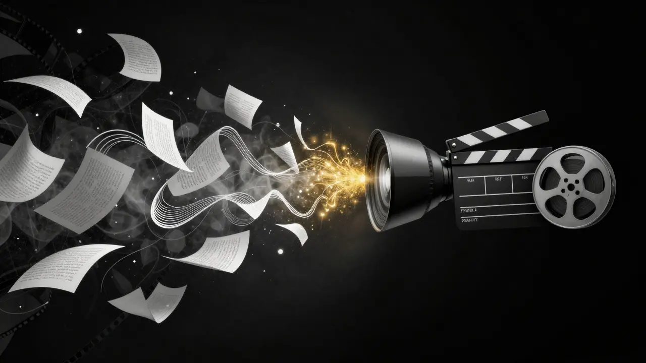 Abstract art showing text transforming into film reel and camera lens shapes