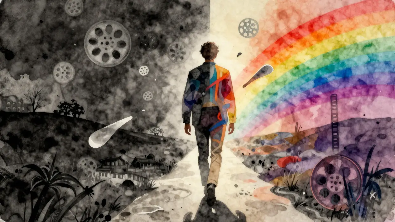 Abstract artistic depiction of a figure navigating merging worlds of identity and culture