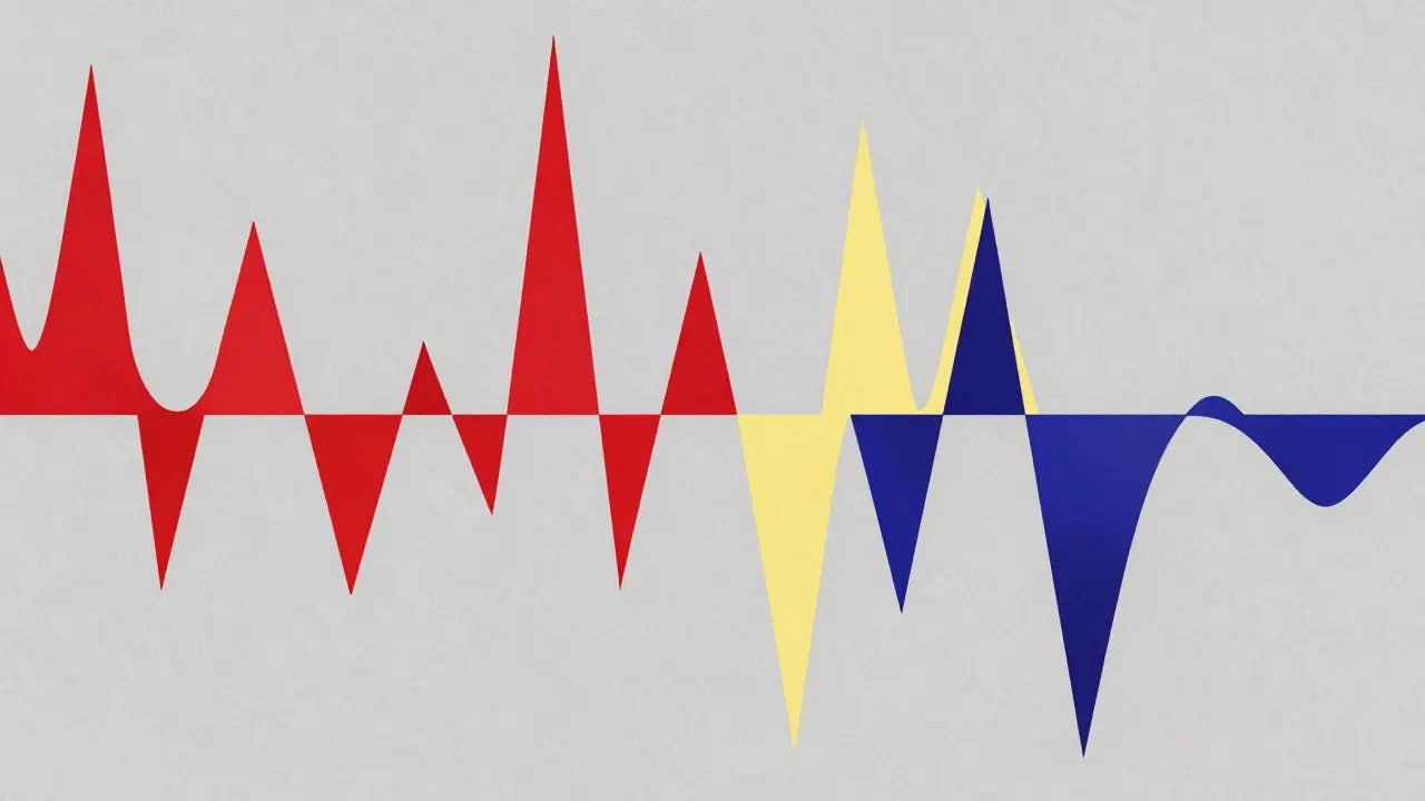 Abstract artistic representation of an anthology film's jagged emotional landscape with colorful peaks and valleys.