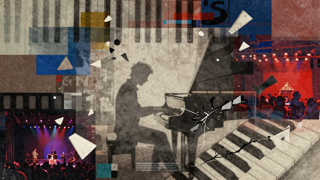 Abstract collage of film grain and a pianist silhouette with cracked keys