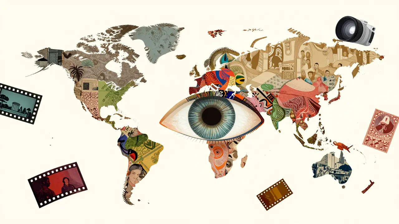 Abstract collage of global cultural patterns forming a human eye surrounded by film frames